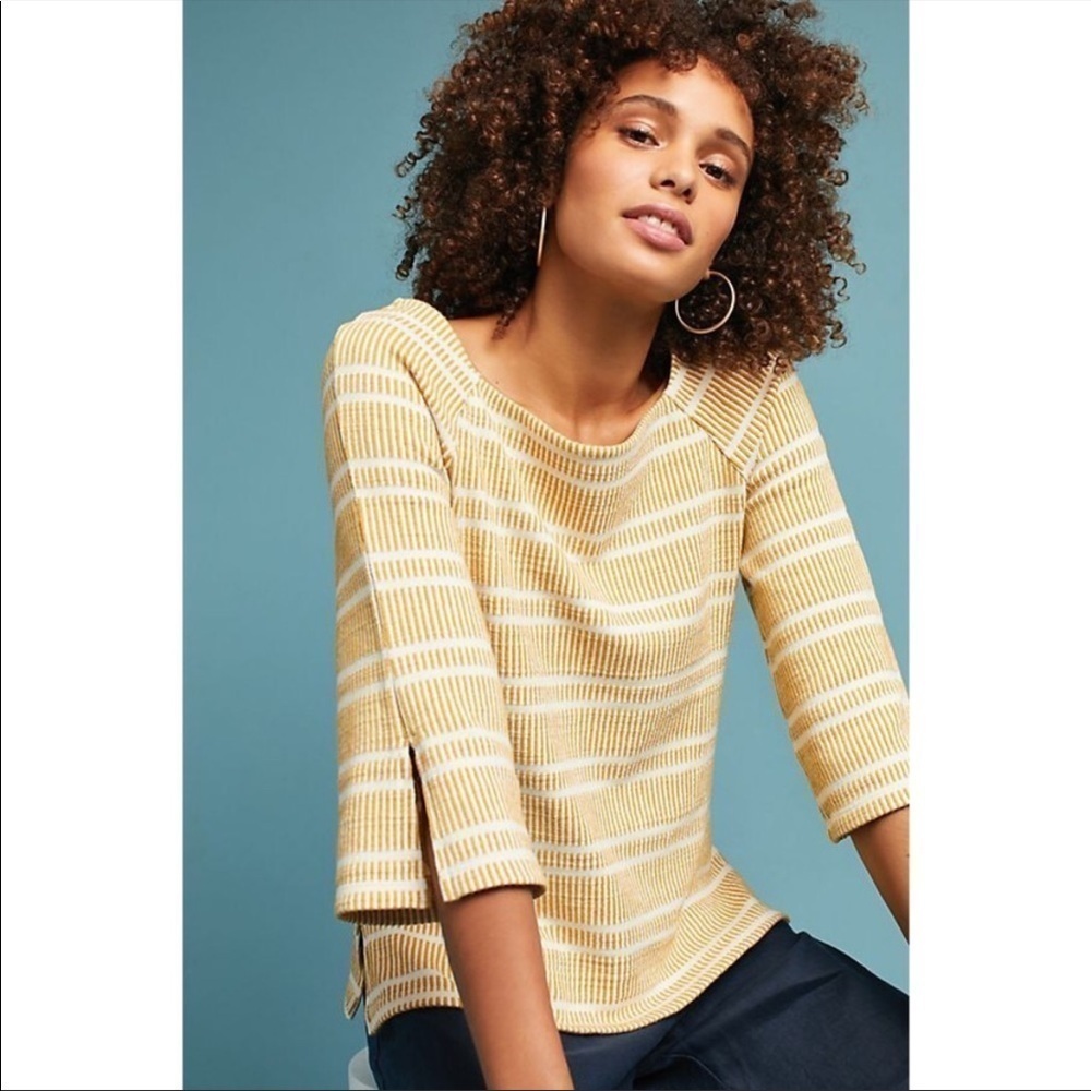 Anthropologie Postmark Blouse Flare Sleeve Textured Stripe Yellow & White M